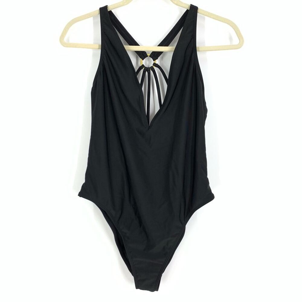 Asos Size 8 Black One Piece Bathing Suit V-Neck‎ Open Strappy Racerback